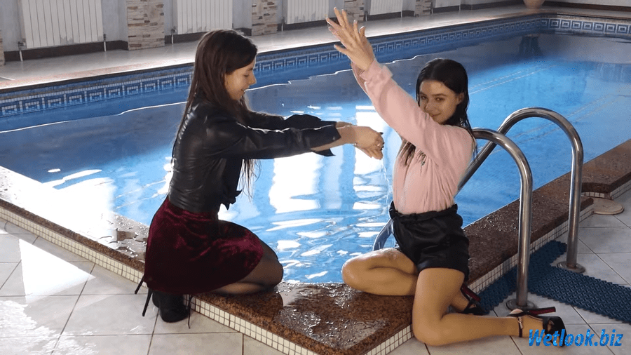 Drenched Delight: Alexandra and Katrina’s Wetlook Adventure in Leather, Tights, and Heels!
